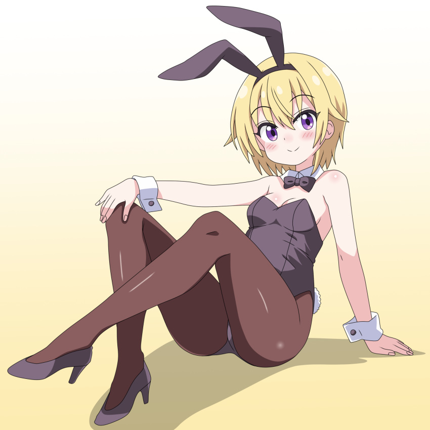 animal_ears black_bow black_bowtie black_footwear black_leotard black_pantyhose blonde_hair bow bowtie breasts crossed_legs detached_collar fake_animal_ears female gochuumon_wa_usagi_desu_ka? gradient_background high_heels highres jinja_natsume leotard medium_breasts pantyhose playboy_bunny purple_eyes rabbit_ears rabbit_tail sakuzo short_sleeves sitting smile solo split_mouth strapless strapless_leotard tail wrist_cuffs yellow_background