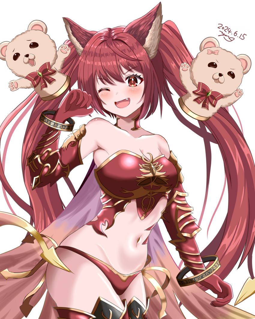 absurdres animal_ears armor bare_shoulders bikini_armor bracelet breasts cerberus_(shingeki_no_bahamut) collarbone cowboy_shot dog_ears dog_girl elbow_gloves female gloves granblue_fantasy groin hand_puppet highres jewelry large_breasts long_hair navel oerba_yun_fang one_eye_closed puppet red_eyes red_hair shingeki_no_bahamut shiny_skin solo thighhighs twintails very_long_hair yanapy