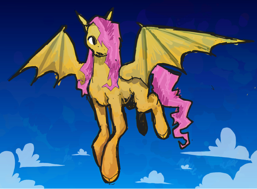 2022 bat_pony bent_legs black_eyes blue_sky cloud colored day digital_drawing_(artwork) digital_media_(artwork) equid female feral flockdog flutterbat_(mlp) fluttershy_(mlp) flying friendship_is_magic fur hasbro hooves long_mane looking_aside mammal mane mane_over_eye membrane_(anatomy) membranous_wings my_little_pony outside pink_mane pink_tail quadruped shaded sky solo tail unguligrade wings yellow_body yellow_fur yellow_hooves yellow_wings