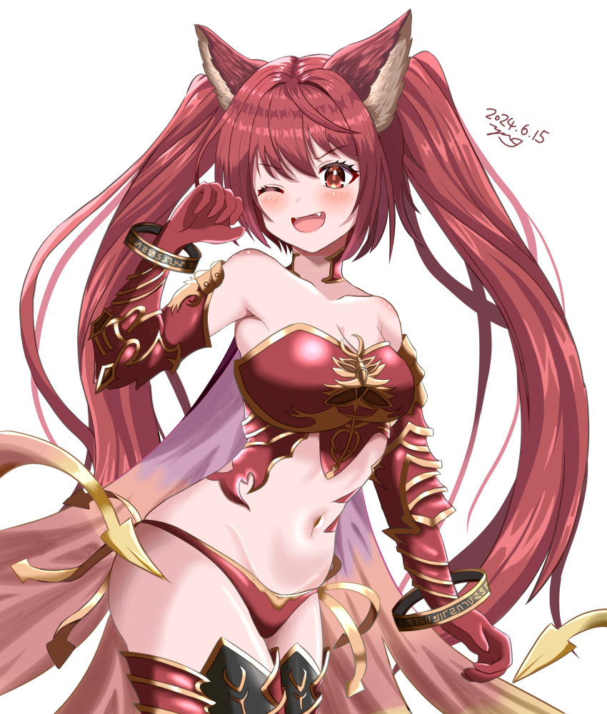 absurdres animal_ears armor bare_shoulders bikini_armor bracelet breasts cerberus_(shingeki_no_bahamut) collarbone cowboy_shot dog_ears dog_girl elbow_gloves female gloves granblue_fantasy groin highres jewelry large_breasts long_hair navel oerba_yun_fang one_eye_closed red_eyes red_hair shingeki_no_bahamut shiny_skin solo thighhighs twintails very_long_hair yanapy