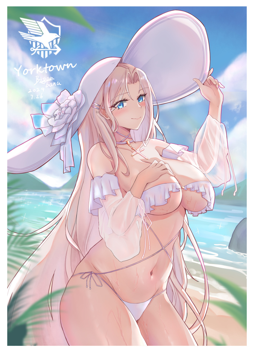 absurdres azur_lane beach biganbanani bikini blue_eyes blush border breasts character_name closed_mouth cross cross_necklace eagle_union_(emblem) female flower frilled_bikini frills groin hand_up hat hat_flower highres huge_breasts jewelry large_hat long_hair looking_at_viewer navel necklace official_alternate_costume outside_border parted_bangs sand smile solo stomach sun_hat swimsuit very_long_hair water wet white_bikini white_border white_flower white_hair white_hat yorktown_(azur_lane) yorktown_ii_(azur_lane) yorktown_ii_(bright-sky_mermaid)_(azur_lane)