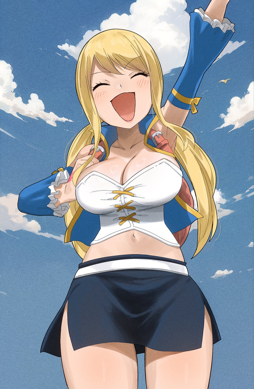 black_skirt blonde_hair blue_shirt breasts cleavage closed_eyes collarbone commentary corset day detached_sleeves fairy_tail female gaston18 highres large_breasts long_hair lucy_heartfilia navel open_mouth outdoors shirt skirt standing symbol-only_commentary twintails white_corset