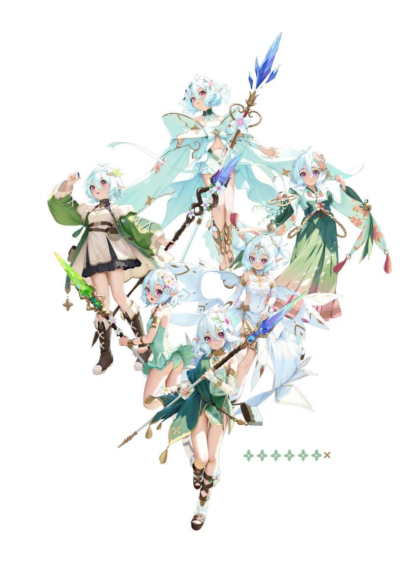 absurdres ame_(2453323719) antenna_hair armlet ass bag bare_shoulders bell boots braid bridal_gauntlets casual_one-piece_swimsuit cone_hair_bun detached_sleeves double_bun dress elf female flat_chest flower full_body green_dress green_jacket green_kimono green_one-piece_swimsuit hair_between_eyes hair_bun hair_flower hair_ornament handbag headpiece highres holding holding_jewelry holding_staff jacket japanese_clothes jewelry jingle_bell kanzashi kimono kokkoro_(new_year)_(princess_connect!) kokkoro_(princess)_(princess_connect!) kokkoro_(princess_connect!) kokkoro_(ranger)_(princess_connect!) kokkoro_(summer)_(princess_connect!) light_smile looking_at_viewer looking_down looking_to_the_side multiple_views navel off_shoulder one-piece_swimsuit open_clothes open_jacket open_mouth outstretched_arms parted_lips pink_eyes pointy_ears princess_connect! sandals see-through see-through_sleeves short_hair simple_background single_bare_shoulder smile spread_arms staff swimsuit tabi tassel thigh_gap white_background white_dress white_hair zouri