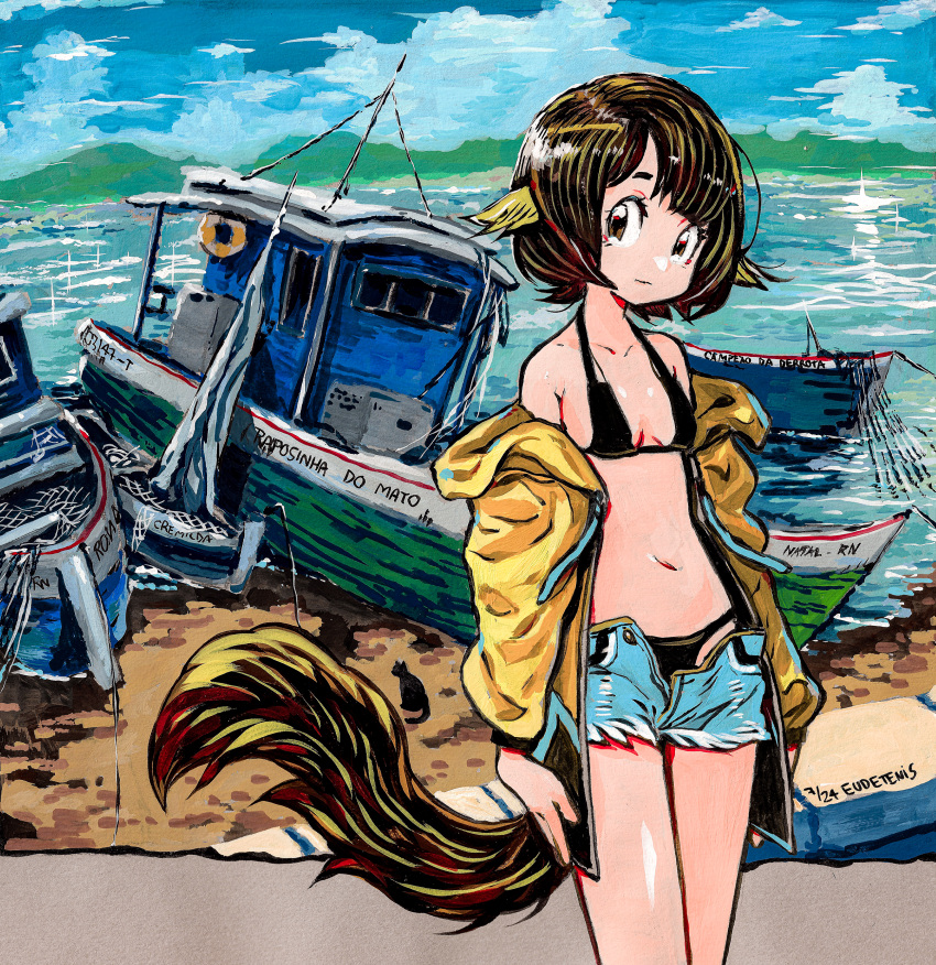 absurdres animal_ears artist_name bare_shoulders beach bikini black_bikini black_cat blue_shorts blue_sky boat border breasts brown_eyes brown_hair closed_mouth cloud commentary cumulonimbus_cloud cutoffs dated denim denim_shorts dirt drawstring eudetenis expressionless feline female fox_ears fox_girl fox_tail grey_border head_tilt highres hood hood_down hoodie lake long_sleeves looking_at_viewer loose_hair_strand midriff mountainous_horizon navel off_shoulder open_clothes open_fly open_hoodie open_shorts original outside_border painting_(medium) short_hair short_shorts shorts signature sky small_breasts solo sparkle standing swimsuit swimsuit_under_clothes tail traditional_media water watercraft yellow_hoodie