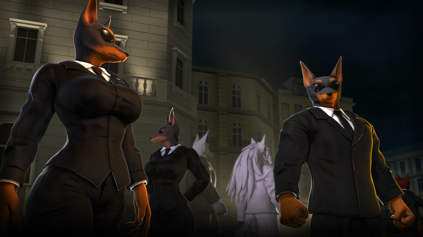 2024 3d_(artwork) 5_fingers anthro black_body black_fur black_nose bodyguard breasts brown_body brown_fur canid canine canis clothed clothed_anthro clothed_female clothed_male clothing digital_media_(artwork) dobermann domestic_dog eyewear female fingers fur group hair hands_behind_back hi_res humanoid_hands hybrid male mammal multicolored_body multicolored_fur necktie night outside petruz petruz_(copyright) pinscher source_filmmaker_(artwork) suit sunglasses tiangou_(petruz) two_tone_body two_tone_fur white_body white_fur white_hair wolfdog