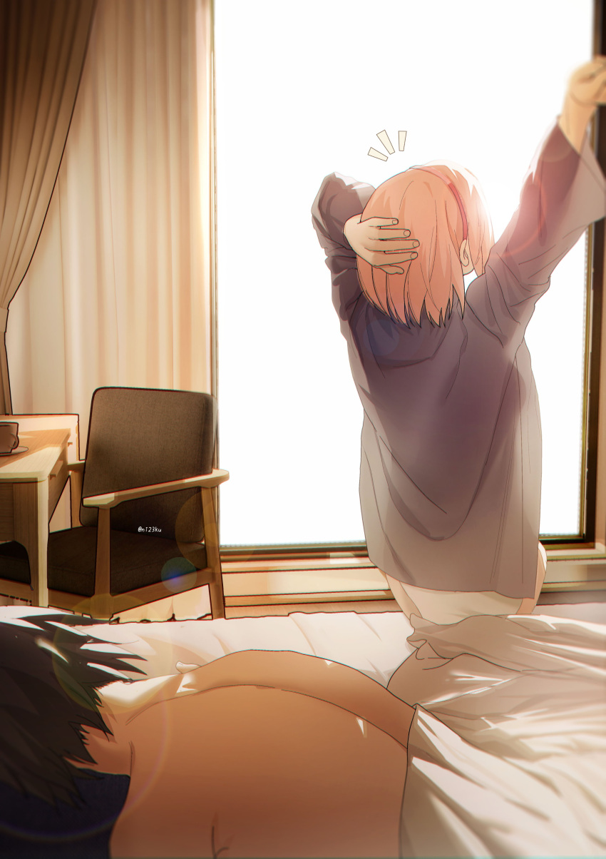 1boy absurdres arms_up back bare_shoulders bed bed_sheet bedroom black_hair boruto:_naruto_next_generations chair curtains female headband highres husband_and_wife indoors long_sleeves lying naruto_(series) niku_(ni23ku) on_stomach pajamas pink_hair sakura_haruno stretching table topless_male uchiha_sasuke window