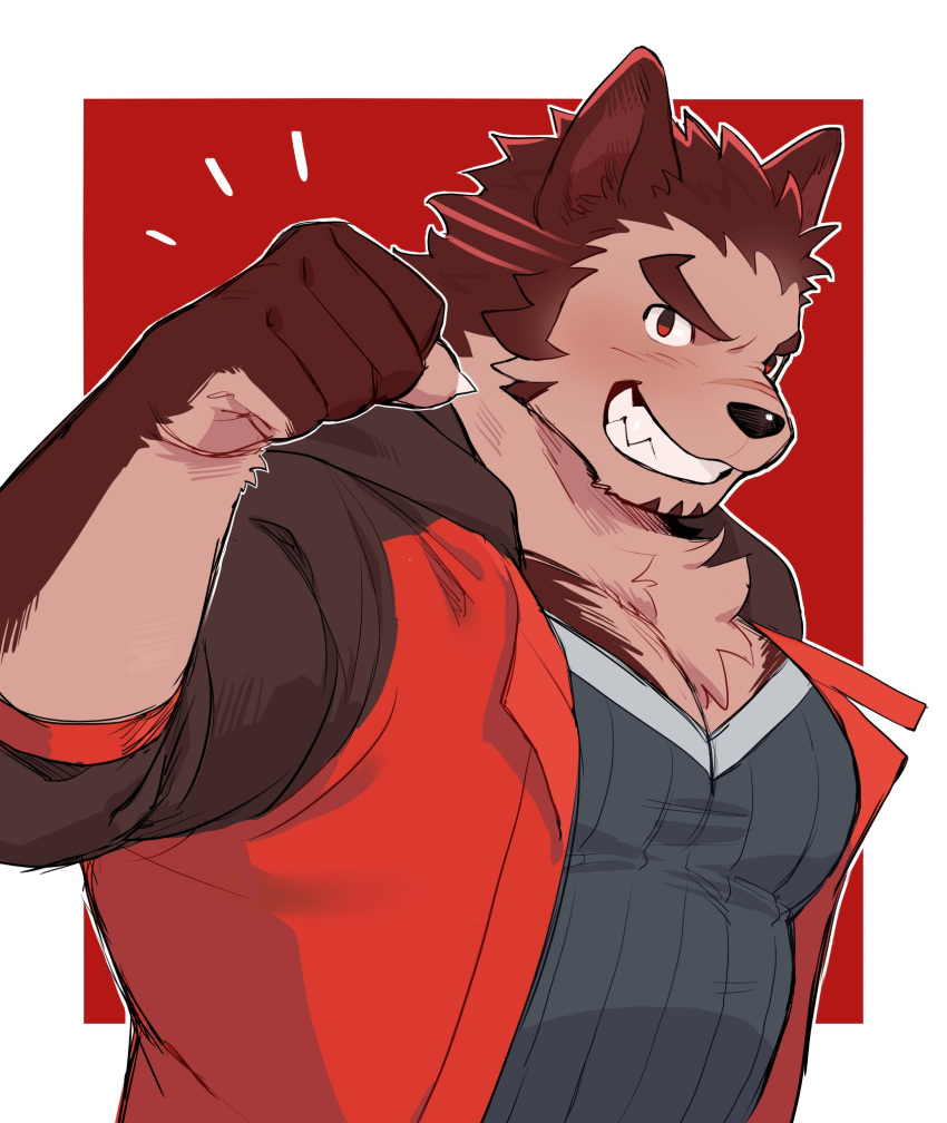 akashi_(live_a_hero) anthro anthrofied brown_body brown_fur canid canine canis domestic_dog eyebrows fur grin hi_res kimi6666 lifewonders live_a_hero male mammal muscular muscular_anthro muscular_male pecs red_eyes smile solo thick_eyebrows