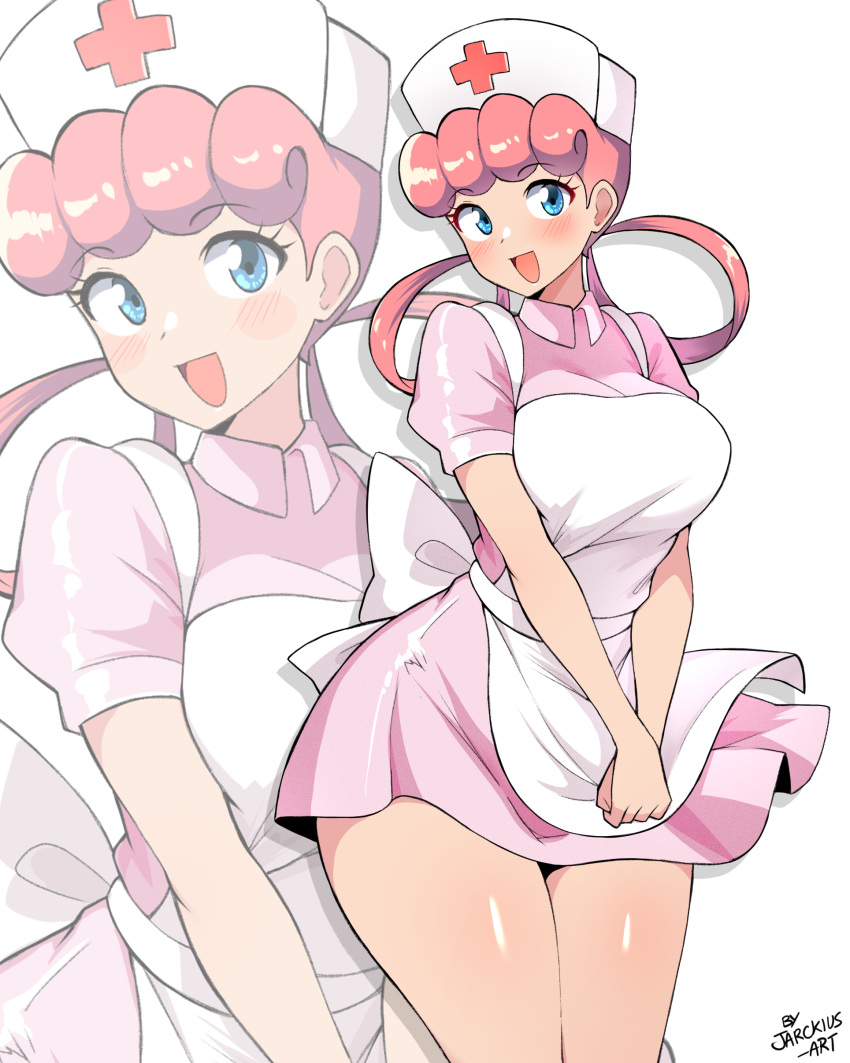 :d absurdres apron blue_eyes blush breasts cowboy_shot cross dress female hair_rings hat highres jarckius joy_(pokemon) large_breasts looking_at_viewer nurse_cap open_mouth pink_dress pink_hair pokemon puffy_short_sleeves puffy_sleeves red_cross short_dress short_sleeves smile zoom_layer