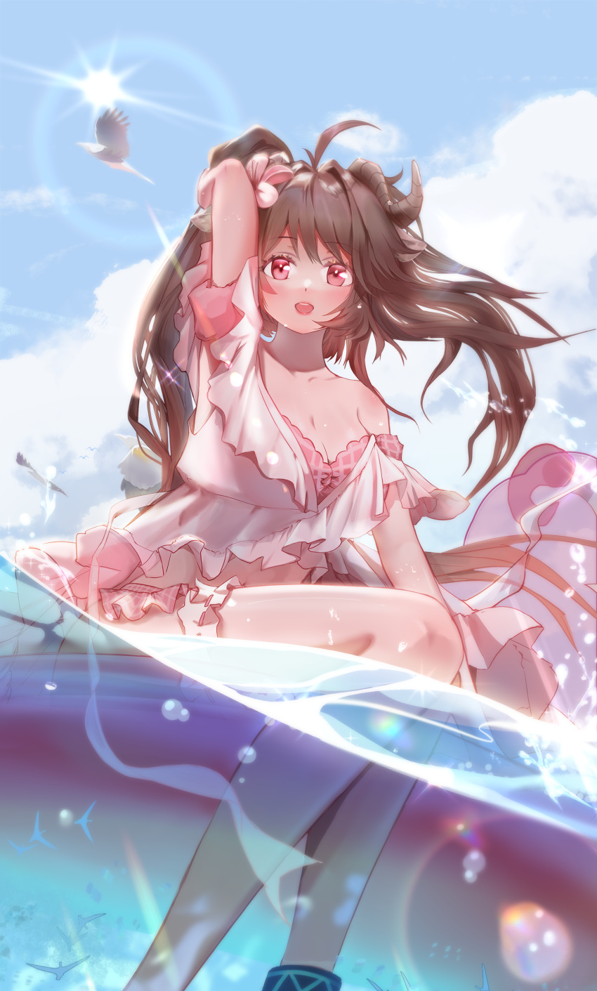 :d absurdres animal animal_ears arknights arm_up beach bikini bird blue_sky breasts bridal_garter brown_hair brown_horns caustics chinese_commentary cleavage cloud commentary_request curled_horns day eyjafjalla_(arknights) eyjafjalla_(summer_flower)_(arknights) feet_out_of_frame female frilled_bikini frills hailan_7 highres horns innertube lens_flare light_rays long_hair looking_at_viewer medium_breasts ocean official_alternate_costume open_mouth outdoors pink_bikini pink_eyes plaid_bikini plaid_clothes sitting sky smile solo sun sunlight swim_ring swimsuit swimsuit_cover-up water water_drop wet wind