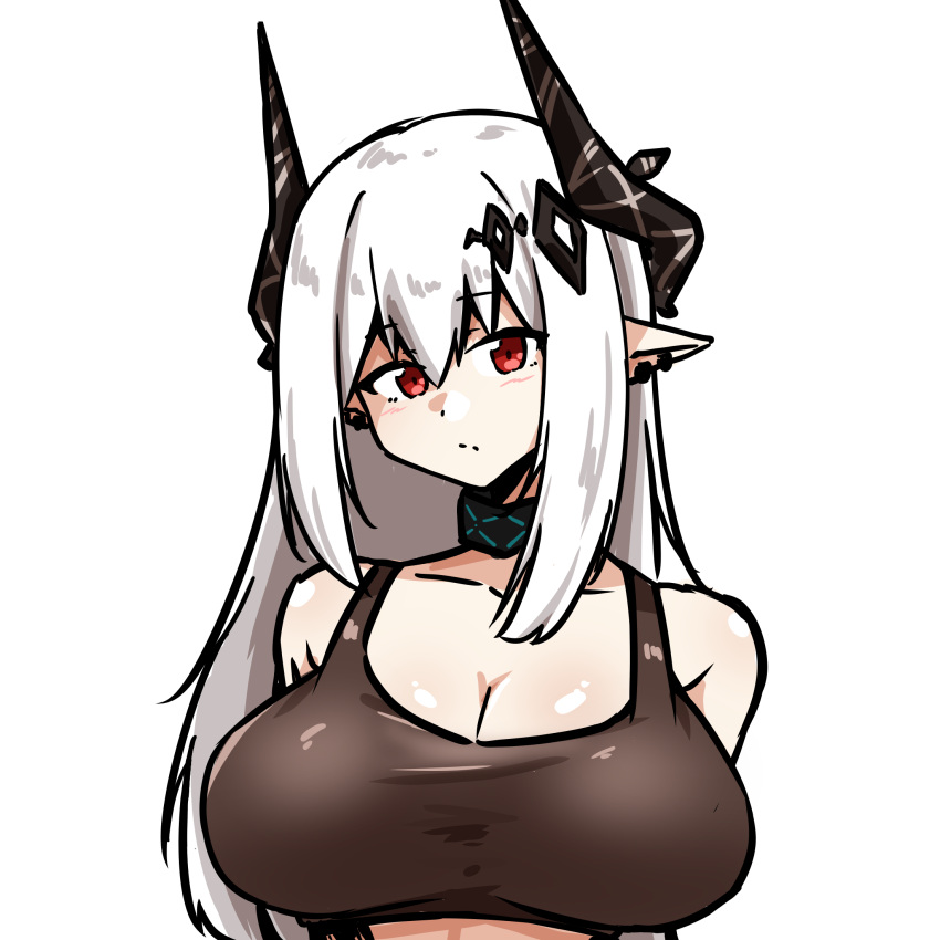 arknights bare_shoulders black_horns black_outline breasts brown_sports_bra cleavage closed_mouth commentary_request crop_top ear_piercing female hair_between_eyes highres horns infection_monitor_(arknights) large_breasts long_hair mudrock_(arknights) outline piercing pointy_ears red_eyes sidelocks simple_background sleeveless solo split_mouth sports_bra upper_body white_background white_hair xibu_cai