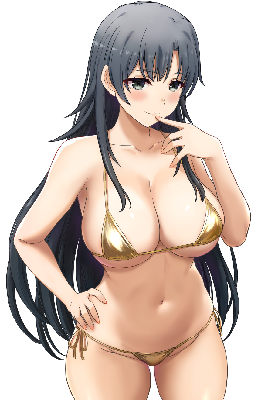 absurdres alternate_costume bikini black_eyes black_hair blush breasts cleavage closed_mouth collarbone commentary_request cowboy_shot female finger_to_mouth gold_bikini hand_on_own_hip highres hiratsuka_shizuka inanaki_shiki large_breasts long_hair navel side-tie_bikini_bottom sideboob simple_background smile solo standing stomach swimsuit underboob very_long_hair white_background yahari_ore_no_seishun_lovecome_wa_machigatteiru.