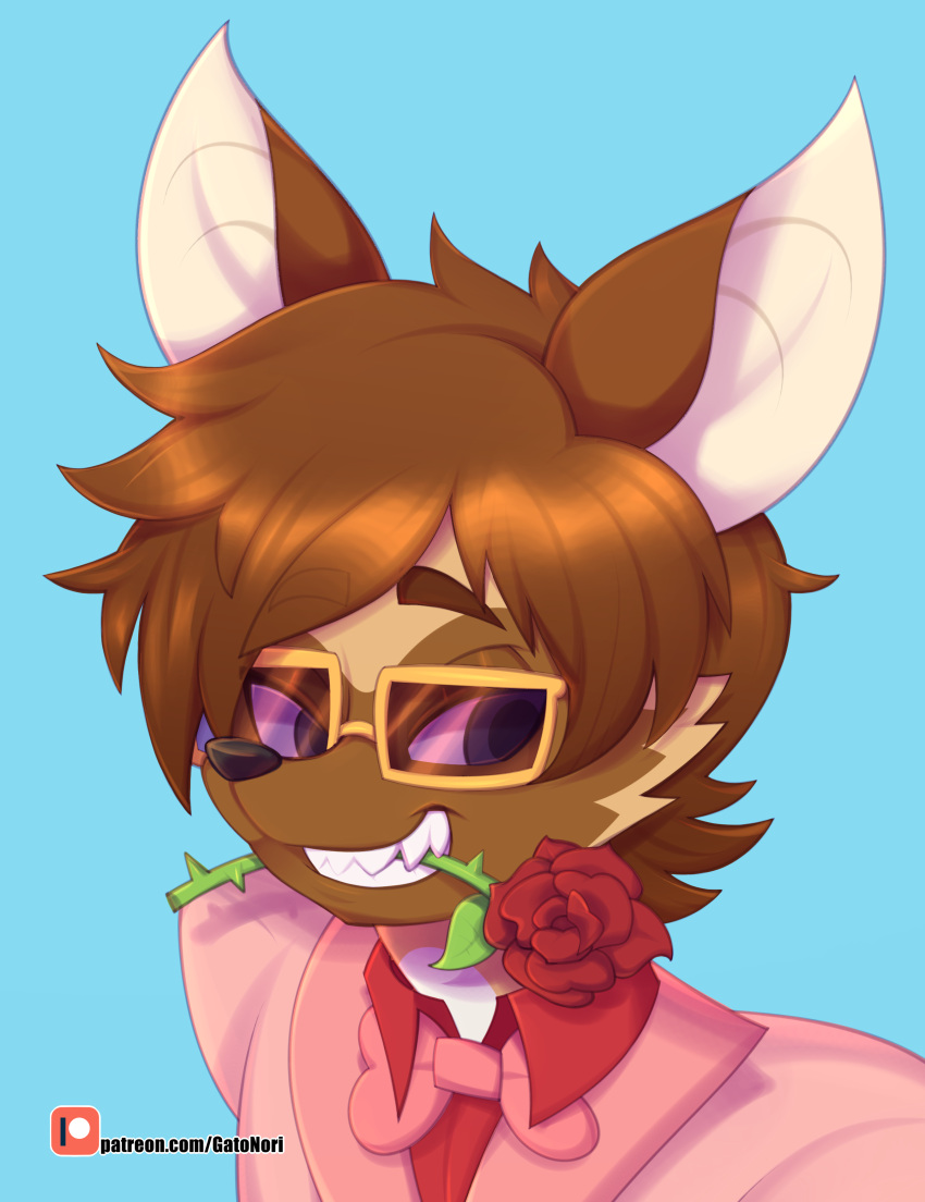 absurd_res anthro bow_tie brown_body brown_fur brown_hair brown_hyena clothed clothing eyewear flower fur glasses grin hair hi_res hyena jawbreaker_hyena male mammal norithecat plant rose_(flower) simple_background smile solo teeth