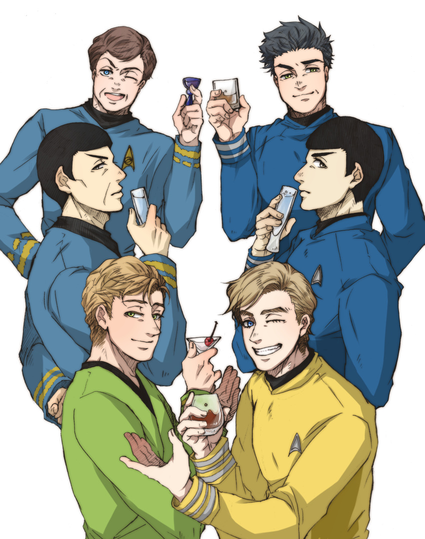 3boys aaa-ryo absurdres alcohol animification arm_behind_back black_hair blue_eyes blue_shirt communicator crossed_arms cup drinking_glass dual_persona green_shirt hand_up highres in-franchise_crossover james_tiberius_kirk leonard_mccoy long_sleeves looking_at_viewer male_focus martini multiple_boys multiple_views one_eye_closed shirt shot_glass sideways_glance smile spock star_trek star_trek:_kelvin_timeline star_trek_the_original_series starfleet_uniform tumbler vulcan white_background yellow_shirt