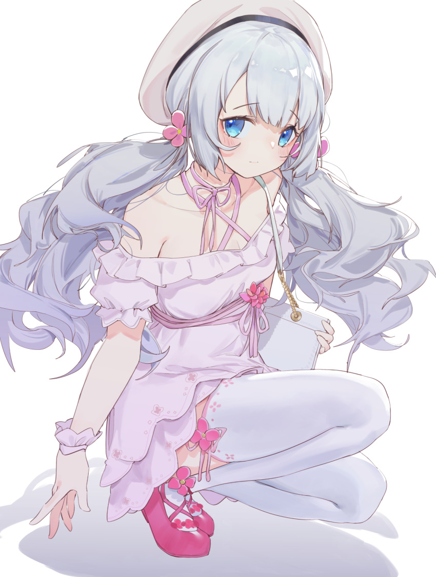 bag bare_shoulders blue_eyes breasts cleavage closed_mouth dress eyebrows female flower hair_flower hair_ornament hand_up hat highres indie_virtual_youtuber looking_at_viewer low_twintails mzgr3454 pink_footwear shizuku_lulu shoes shoulder_bag solo thighhighs twintails virtual_youtuber white_hair white_thighhighs