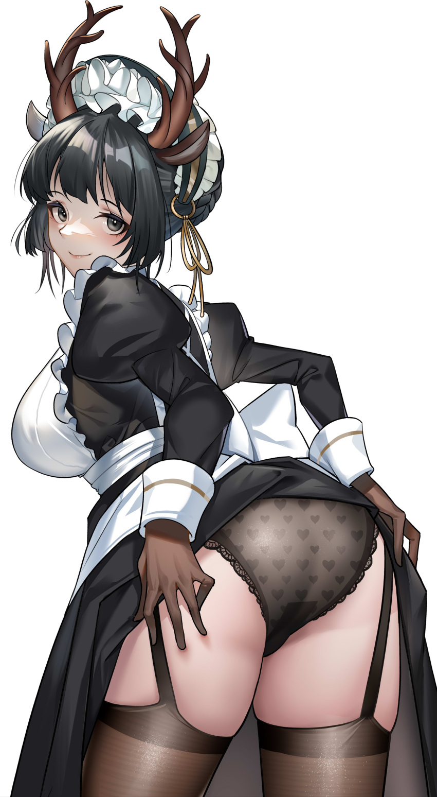 absurdres animal_ears antlers apron arknights ass black_eyes black_hair black_panties black_thighhighs blush bonnet bow braid breasts brown_gloves closed_mouth clothes_lift commentary cowboy_shot deer_ears dress dress_lift female from_behind gaosu_gong_lu garter_straps gloves heart heart_print highres horns juliet_sleeves lace-trimmed_panties lace_trim large_breasts lifting_own_clothes lips long_sleeves looking_at_viewer looking_back maid maid_apron maid_headdress official_alternate_costume panties print_panties puffy_sleeves short_hair simple_background smile solo thighhighs thighs tsukinogi_(arknights) tsukinogi_(londinium_style_miko)_(arknights) underwear white_background white_bow