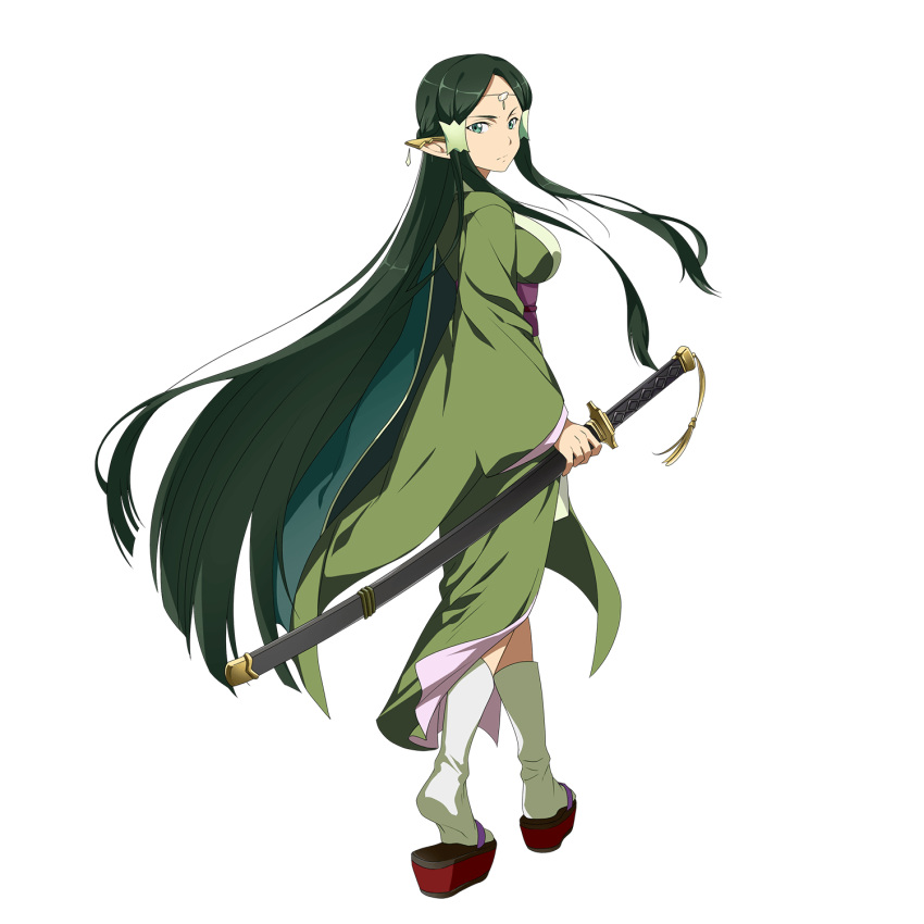 breasts closed_mouth dark_green_hair ear_covers elf female floating_hair from_side frown full_body green_eyes green_hair green_kimono green_legwear highres holding holding_sheath holding_sword holding_weapon japanese_clothes katana kimono long_hair long_pointy_ears long_sleeves looking_at_viewer medium_breasts non-web_source official_art parted_bangs pointy_ears sakuya_(sao) sandals sheath sheathed solo standing sword sword_art_online tabi transparent_background very_long_hair weapon wide_sleeves yukata zouri