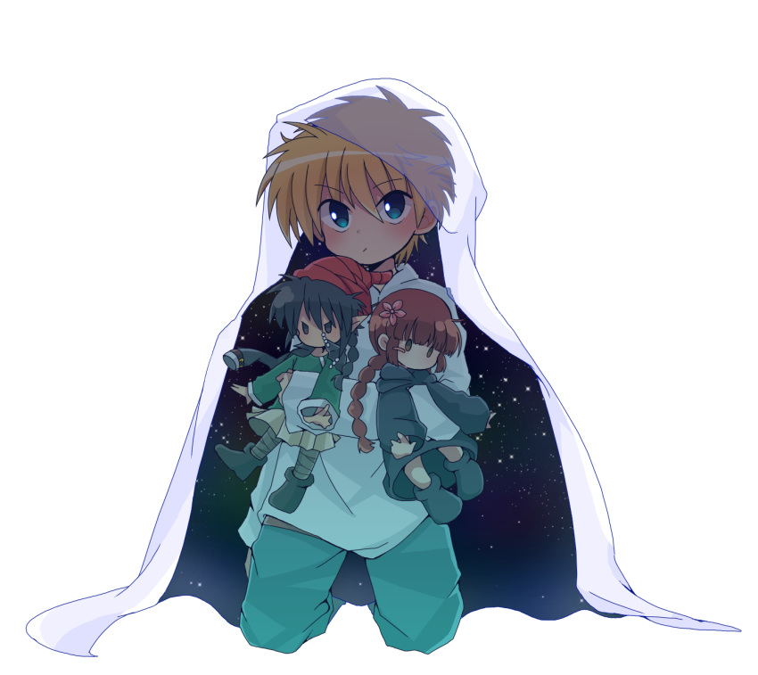 1boy bad_id bad_pixiv_id blonde_hair blue_eyes blue_pants cape character_doll commentary_request doll flower hair_between_eyes hair_flower hair_ornament highres holding holding_doll hood hooded_cape kneeling kukuri_(mahoujin_guruguru) mahoujin_guruguru male_focus mikuzu_4869 nike_(mahoujin_guruguru) pants raid_(mahoujin_guruguru) shirt simple_background solo white_background white_shirt