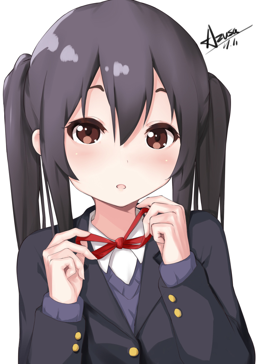 absurdres adjusting_neck_ribbon black_hair black_jacket blazer blush brown_eyes character_name chinese_commentary collared_shirt commentary female hair_between_eyes hands_up highres jacket k-on! long_hair long_sleeves looking_at_viewer nakano_azusa neck_ribbon open_mouth pear_sauce red_ribbon ribbon sakuragaoka_high_school_uniform school_uniform shirt signature simple_background solo twintails upper_body white_background white_shirt winter_uniform