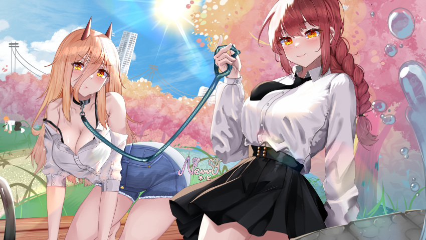 2girls absurdres animal_collar artist_name black_necktie black_skirt blonde_hair blue_shorts breasts bubble building chainsaw_man cleavage closed_mouth cloud collar collarbone dress_shirt grass hair_between_eyes high-waist_skirt highres holding holding_leash horns large_breasts leash long_braid long_sleeves makima_(chainsaw_man) multiple_girls necktie nevvyart off_shoulder partially_unbuttoned power_(chainsaw_man) red_hair shirt shorts skirt sky skyscraper smile strap_slip sun sweat tree water white_shirt yellow_eyes