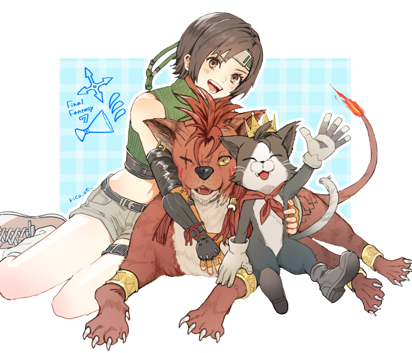 :3 :d absurdres animal_hug artist_name bare_shoulders belt black_belt blue_background blush boots border bracer brown_eyes brown_footwear brown_gloves brown_hair brown_shorts cait_sith_(final_fantasy) claws closed_eyes commentary copyright_name crop_top cropped_sweater crown fangs feline female final_fantasy final_fantasy_vii fingerless_gloves flame-tipped_tail forehead_protector gloves green_headband green_sweater headband highres looking_at_viewer lying megaphone midriff navel neckerchief on_ground open_mouth outside_border plaid_background red_neckerchief red_xiii ribbed_sweater rico_ot shoes short_hair short_shorts shorts shuriken signature sitting sleeveless sleeveless_sweater sleeveless_turtleneck smile sneakers solo sweater swept_bangs teeth thigh_strap turtleneck turtleneck_sweater tuxedo_cat upper_teeth_only waving weapon white_border white_gloves yokozuwari yuffie_kisaragi