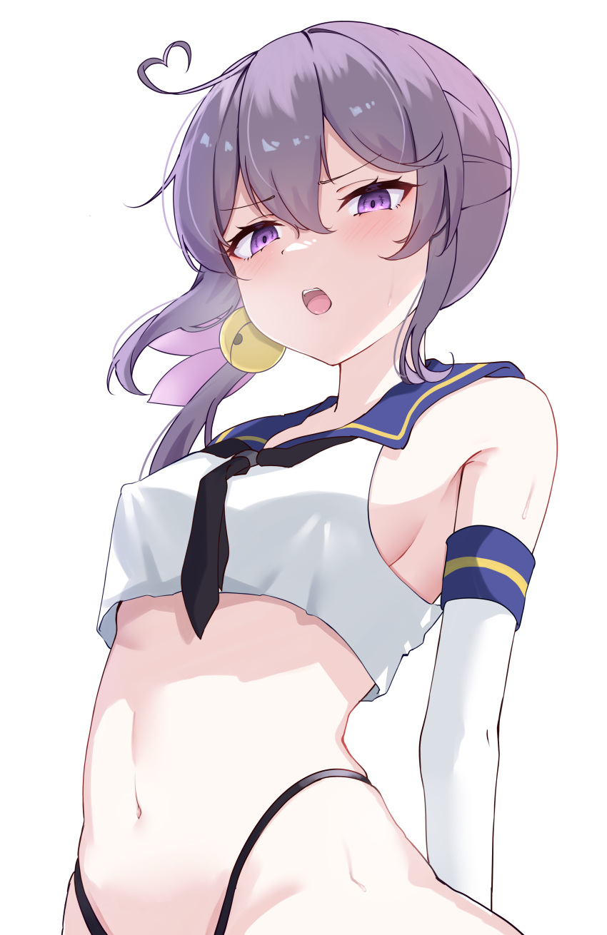 absurdres ahoge akebono_(kancolle) bell black_neckerchief black_panties blonde_hair blue_sailor_collar blush breath calin commentary_request cosplay covered_nipples crop_top elbow_gloves female flower gloves grey_eyes hair_bell hair_flower hair_ornament heart heart_ahoge highleg highleg_panties highres horizontal-striped_thighhighs jingle_bell kantai_collection long_hair looking_at_viewer miniskirt navel neckerchief open_mouth panties purple_eyes purple_hair sailor_collar shimakaze_(kancolle) shimakaze_(kancolle)_(cosplay) shirt shitty_admiral_(phrase) side_ponytail simple_background skirt sleeveless sleeveless_shirt solo stomach striped_clothes striped_thighhighs thighhighs underwear upper_body white_background white_gloves