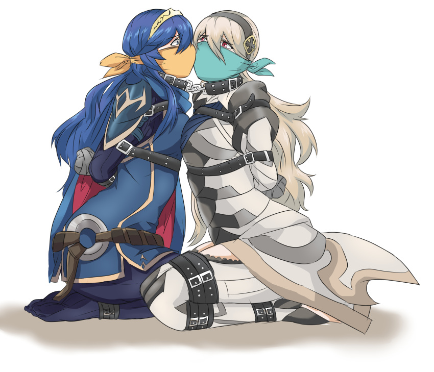 arms_behind_back belt bondage bondage bound bound_ankles bound_arms bound_legs cape cloth_gag corrin_(fire_emblem) gag gagged highres improvised_gag lucina_(fire_emblem) multiple_belts original over_the_nose_gag ryner-e taped_fingers worried