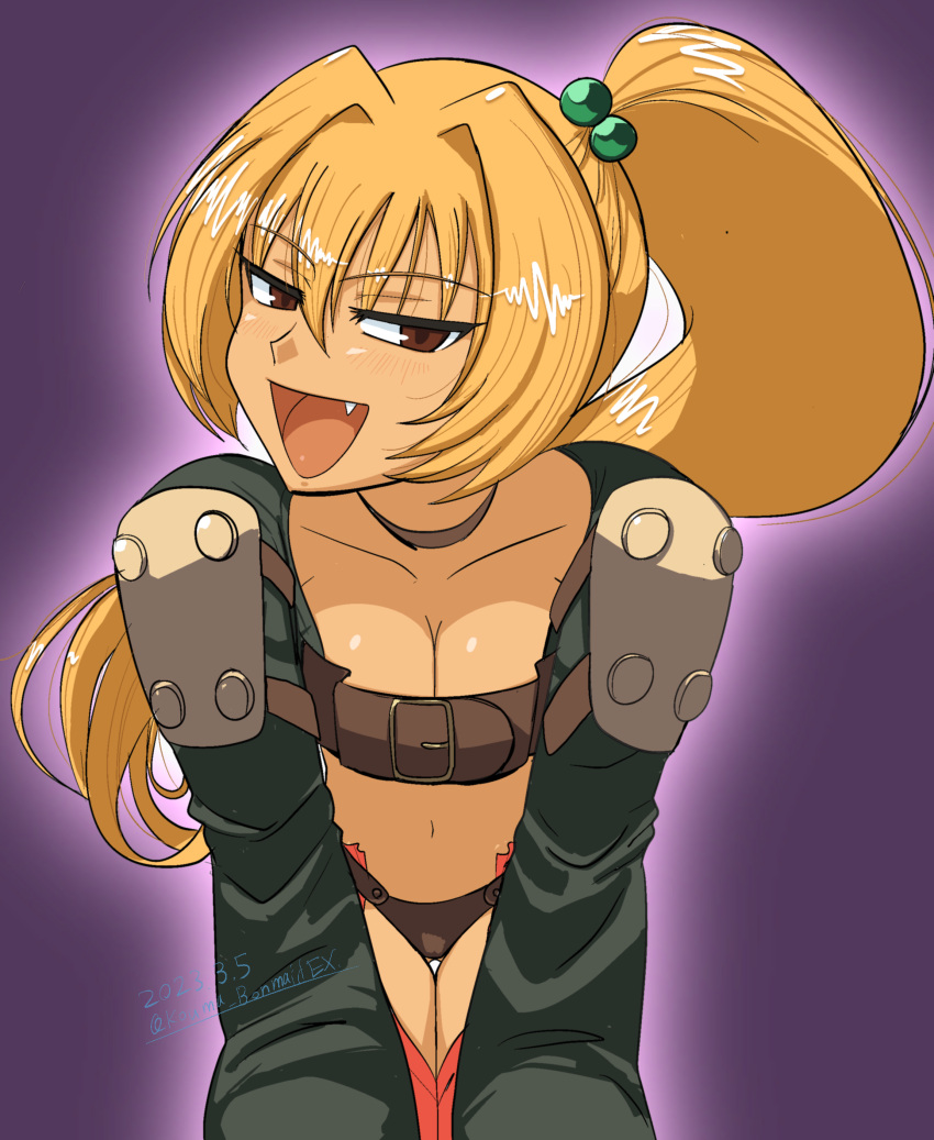 :d absurdres belt_bra blonde_hair brave_fencer_musashiden breasts choker dated female hair_bobbles hair_ornament highres kouma_bonmaid liquor_(musashiden) long_hair looking_at_viewer navel open_mouth panties ponytail sleeves_past_wrists smile solo underwear very_long_hair