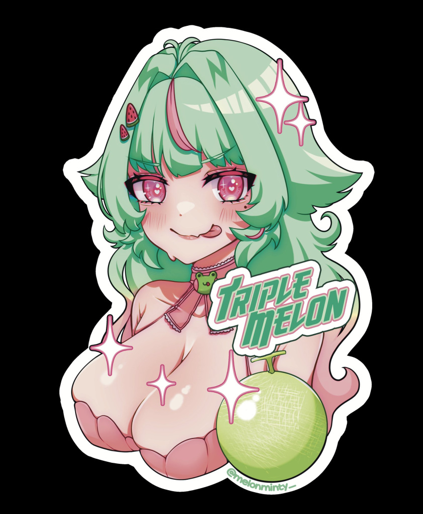 armpit_crease breasts choker cleavage commentary english_commentary female food food-themed_hair_ornament fruit green_hair hair_flaps hair_ornament heart heart-shaped_pupils highres indie_virtual_youtuber large_breasts melon melonminty melonminty_(vtuber) mole mole_under_eye multicolored_hair pink_eyes pink_hair smile solo sticker_(medium) streaked_hair symbol-shaped_pupils tongue tongue_out two-tone_hair upper_body virtual_youtuber watermelon_hair_ornament