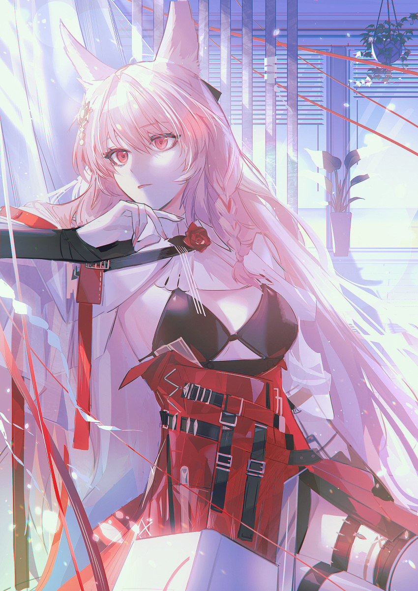 animal_ear_fluff animal_ears arknights black_bra black_gloves bra braid breasts chijeuseukon cleavage cowboy_shot female flower gloves hair_ornament high-waist_skirt highres long_hair nail_polish pink_eyes pink_hair pozyomka_(arknights) red_skirt skirt solo thigh_strap underwear very_long_hair wolf_ears wolf_girl