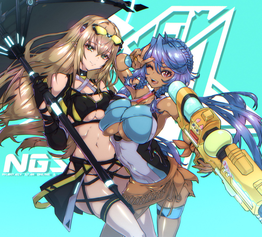 2girls :d aina_(pso2ngs) aite_025 alternate_costume aqua_background bikini black_bikini blue_hair braid breast_press breasts brown_hair clothing_cutout copyright_name cowboy_shot crown_braid dark-skinned_female dark_skin green_eyes highres holding holding_umbrella holding_water_gun large_breasts long_hair looking_at_viewer manon_(pso2) medium_breasts multiple_girls newman one_eye_closed phantasy_star phantasy_star_online_2 phantasy_star_online_2_new_genesis pointy_ears red_eyes simple_background smile swimsuit umbrella underboob underboob_cutout v water_gun