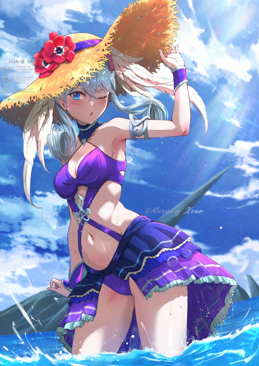 alternate_costume blue_eyes blush breasts criss-cross_straps curled_ends dated female flower grey_hair hat hat_flower head_wings highres large_breasts long_hair melia_antiqua mercury_xeno navel one_eye_closed outdoors red_flower solo straw_hat sun_hat sunlight wading water wet wings xenoblade_chronicles_(series) xenoblade_chronicles_1