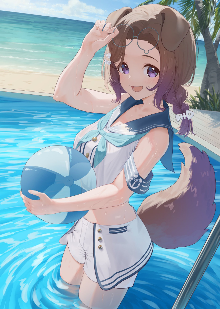 anchor_symbol animal_ears armband ball beach beachball blue_neckerchief blue_sailor_collar breasts brown_hair cloud day dog_ears dog_girl dog_tail female hair_ornament highres holding holding_ball holding_removed_eyewear kemomimi_refle! komae_nadeshiko kuyukian3 looking_at_viewer neckerchief open_mouth outdoors pool purple_eyes sailor_collar shorts sidelocks sky sleeveless solo tail unworn_eyewear virtual_youtuber wading water wet white_shorts