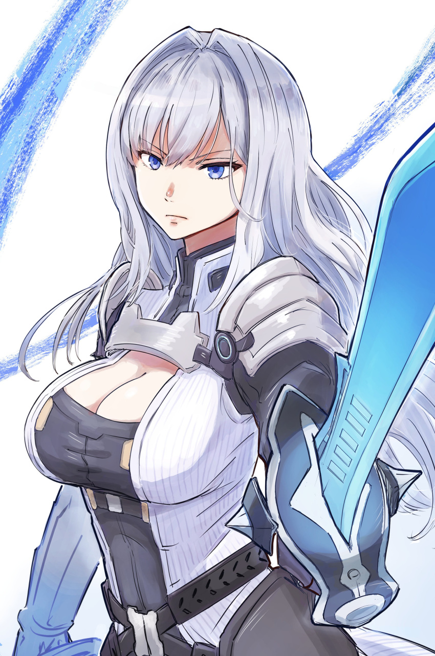 abstract_background absurdres armor blue_background blue_eyes breasts cleavage cleavage_cutout closed_mouth clothing_cutout commentary_request ethel_(xenoblade) female grey_hair highres holding holding_sword holding_weapon large_breasts long_hair nemimin pointing pointing_at_viewer simple_background solo sword two-tone_background v-shaped_eyebrows weapon white_background xenoblade_chronicles_(series) xenoblade_chronicles_3