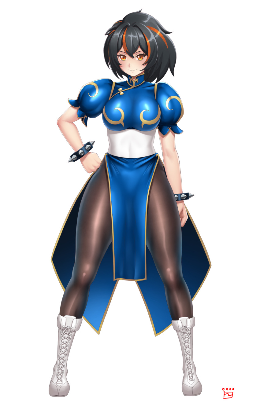 black_hair blue_dress boots bracelet breasts china_dress chinese_clothes chun-li chun-li_(cosplay) commentary_request cosplay dress female finalcake full_body gold_trim hair_between_eyes hand_on_own_hip highres jewelry large_breasts long_hair looking_at_viewer multicolored_hair pantyhose pelvic_curtain ponytail puffy_short_sleeves puffy_sleeves red_eyes red_hair sash short_sleeves simple_background smile solo spiked_bracelet spikes standing streaked_hair street_fighter thighs underbust white_background white_footwear zenless_zone_zero zhu_yuan