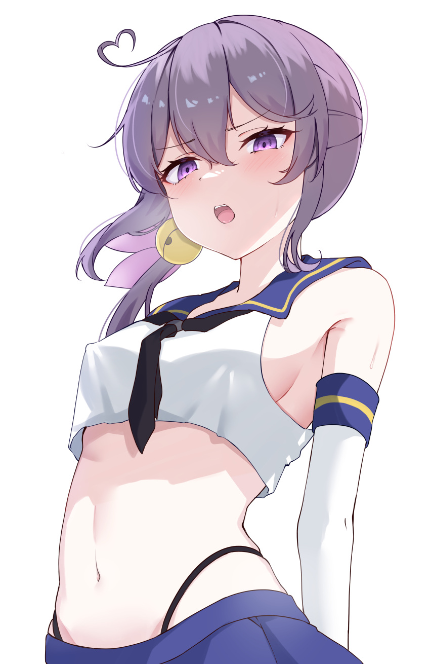 absurdres ahoge akebono_(kancolle) bell black_neckerchief black_panties blonde_hair blue_sailor_collar blue_skirt blush breath calin commentary_request cosplay covered_nipples crop_top elbow_gloves female flower gloves grey_eyes hair_bell hair_flower hair_ornament heart heart_ahoge highleg highleg_panties highres horizontal-striped_thighhighs jingle_bell kantai_collection long_hair looking_at_viewer miniskirt navel neckerchief open_mouth panties purple_eyes purple_hair sailor_collar shimakaze_(kancolle) shimakaze_(kancolle)_(cosplay) shirt shitty_admiral_(phrase) side_ponytail simple_background skirt sleeveless sleeveless_shirt solo stomach striped_clothes striped_thighhighs thighhighs underwear upper_body white_background white_gloves