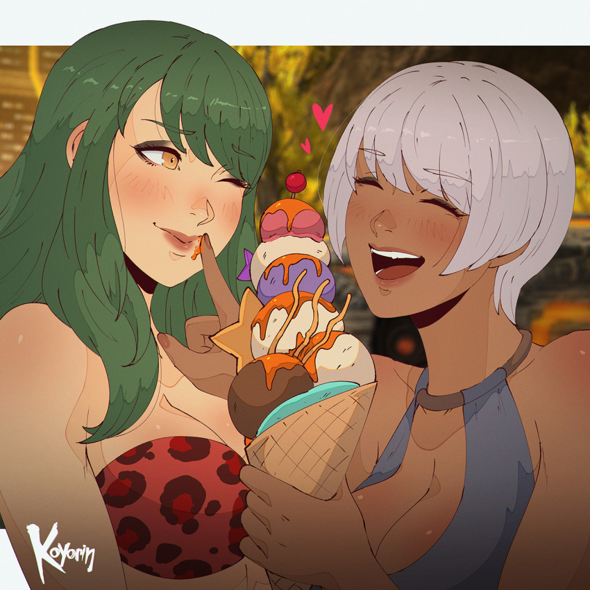 2girls bikini black_bikini blush breasts brown_eyes closed_eyes dark-skinned_female dark_skin english_commentary final_fantasy final_fantasy_xiv grey_hair highres hyur ice_cream_cone koyorin large_breasts lips long_hair looking_at_another multiple_girls one_eye_closed open_mouth print_bikini short_hair strapless strapless_bikini swimsuit upper_body