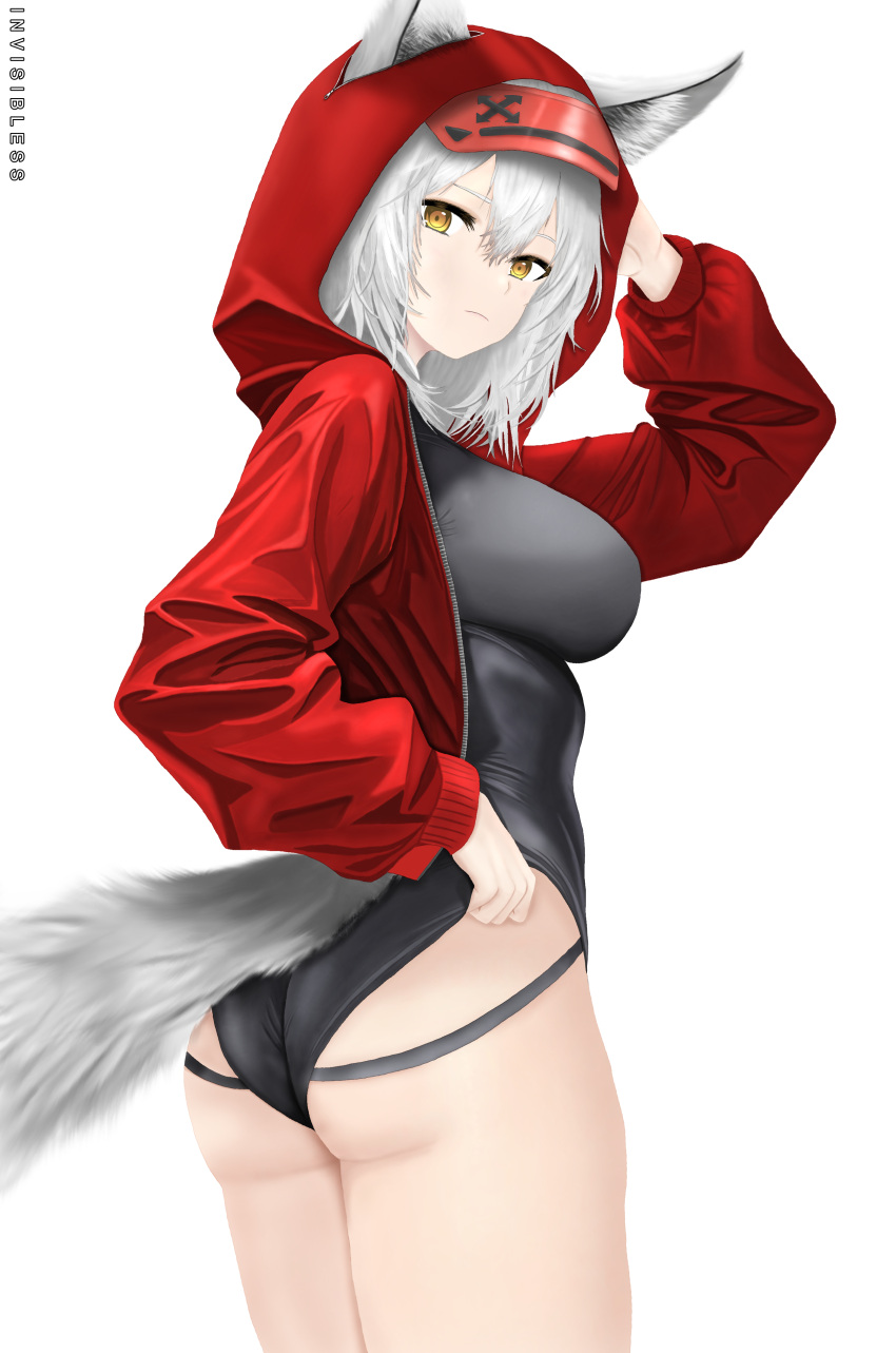 absurdres animal_ears arknights black_one-piece_swimsuit breasts casual_one-piece_swimsuit cowboy_shot ears_through_headwear female grey_hair hair_between_eyes hand_up highres hood hood_up hooded_jacket invisibless jacket long_sleeves looking_at_viewer looking_back official_alternate_costume one-piece_swimsuit open_clothes open_jacket projekt_red_(arknights) projekt_red_(light_breeze)_(arknights) red_jacket solo swimsuit tail wolf_ears wolf_girl wolf_tail yellow_eyes