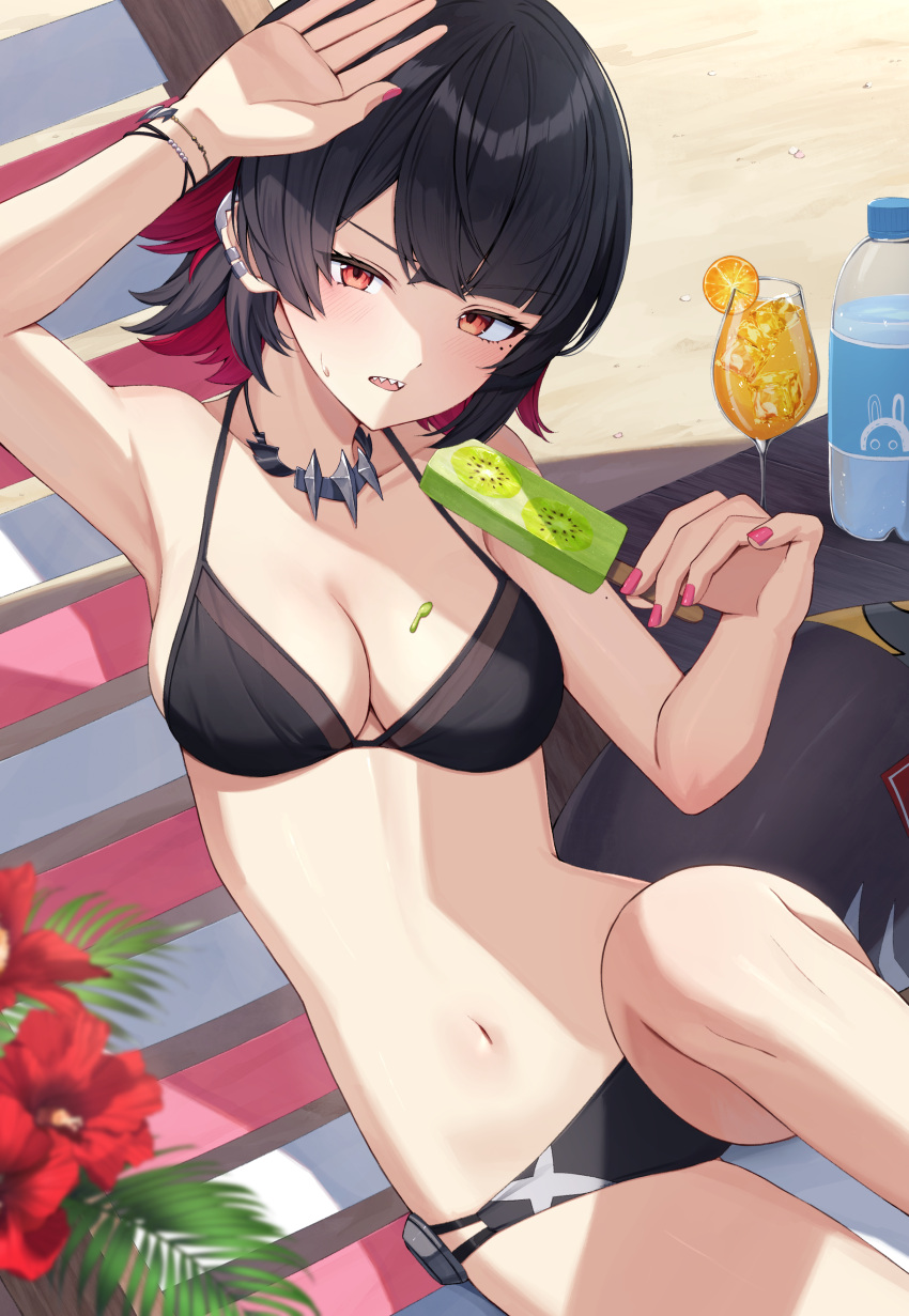 absurdres alternate_costume arm_up armpits bare_arms bare_shoulders beach bikini black_bikini black_hair bracelet breasts cleavage commission cup drinking_glass ear_piercing ellen_joe female fins fish_tail food halterneck hand_up highres holding holding_food holding_popsicle hurricane_glass jewelry kurousagi_yuu looking_at_viewer medium_breasts mole mole_under_eye multi-strapped_bikini_bottom multicolored_hair nail_polish navel necklace open_mouth piercing pink_nails pixiv_commission popsicle red_eyes red_hair shading_eyes shark_tail sharp_teeth short_hair sitting solo stomach string_bikini sweatdrop swimsuit tail teeth thighs two-tone_hair v-shaped_eyebrows zenless_zone_zero