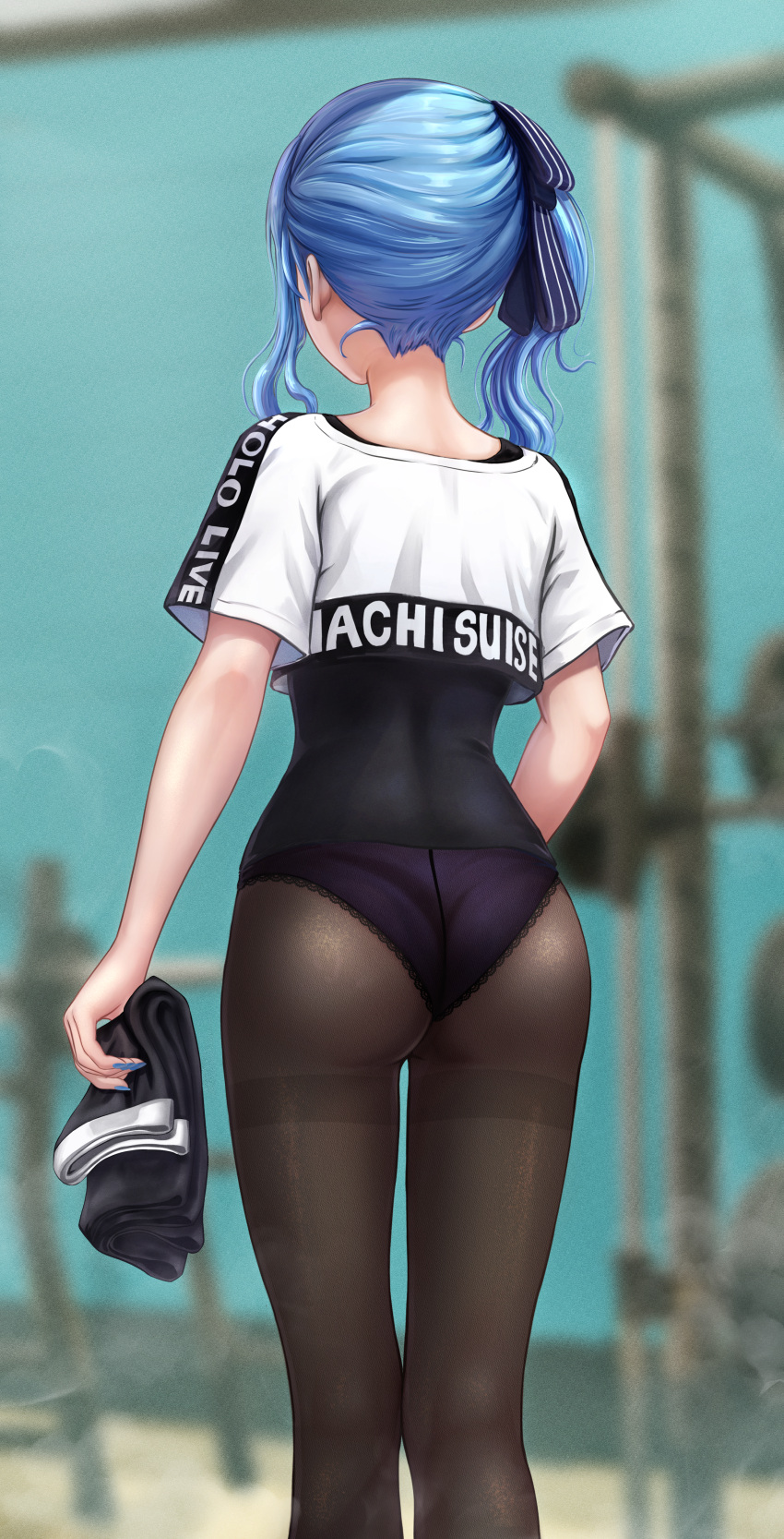 absurdres ass black_panties black_shorts blue_hair blue_nails blurry blurry_background clothes_writing cropped_shirt earrings facing_away female from_behind gym hair_ribbon highres holding holding_shorts holding_unworn_clothes hololive hololive_dance_practice_uniform hoshimachi_suisei jewelry lace-trimmed_panties lace_trim leotard leotard_under_clothes long_hair nail_polish nape official_alternate_costume panties pantyhose power_rack ribbon shirt shorts side_ponytail solo star_(symbol) star_earrings thighband_pantyhose thighs underwear unworn_shorts virtual_youtuber wajuniorbox weights white_shirt