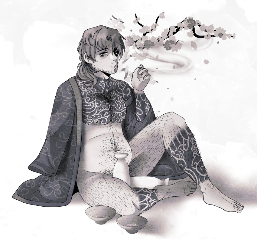 1boy gregor_(limbus_company) hair kimono limbus_company male male_only ponytail project_moon short_hair smoking tagme tattoo tattoos