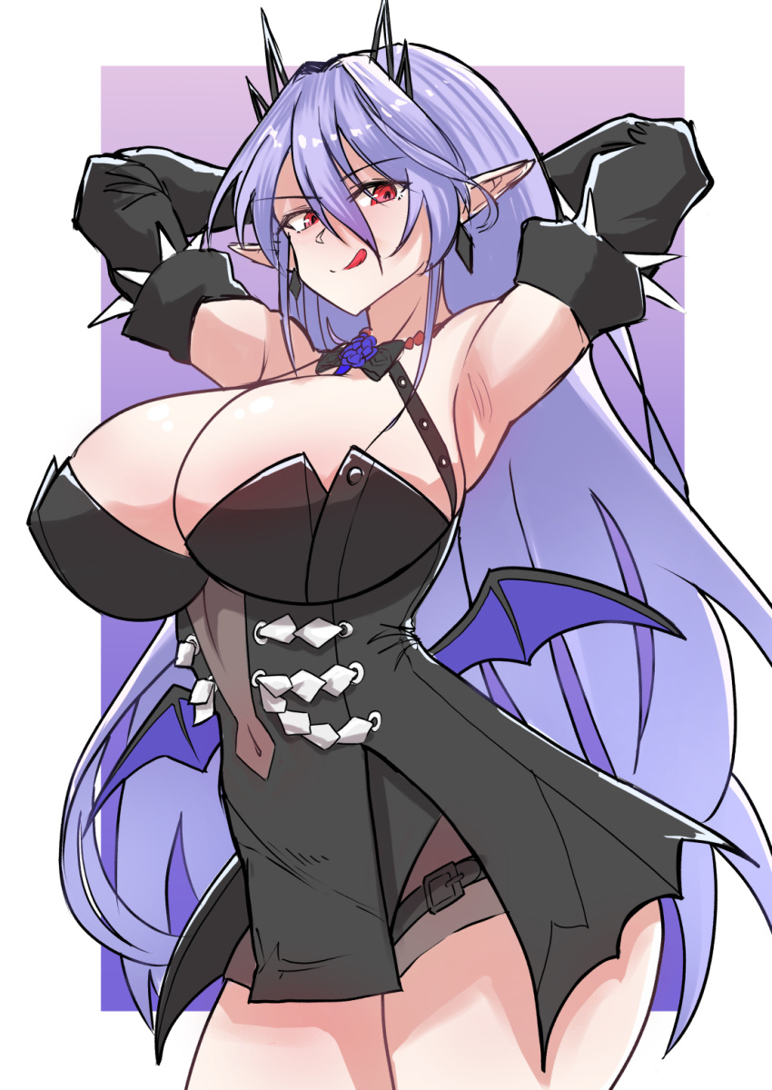 :q armpits arms_up bat_wings belt black_bow black_bowtie bow bowtie breasts cleavage covered_navel earrings elvira_(epic_seven) epic_seven female flower highres huge_breasts jewelry leotard long_hair looking_at_viewer pelvic_curtain pointy_ears purple_flower purple_hair red_eyes rein_(rafael_3682) simple_background solo spikes thighs tongue tongue_out wings