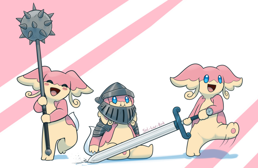 2024 ambiguous_gender armor audino blue_eyes blush blush_lines closed_eyes closed_smile digital_media_(artwork) dragging dragging_object dragging_weapon english_text generation_5_pokemon greatsword group headgear helmet hi_res holding_melee_weapon holding_object holding_sword holding_weapon latiar melee_weapon motion_lines mouth_closed nintendo number open_mouth open_smile pokemon pokemon_(species) shadow sitting smile standing sword tail text trio weapon