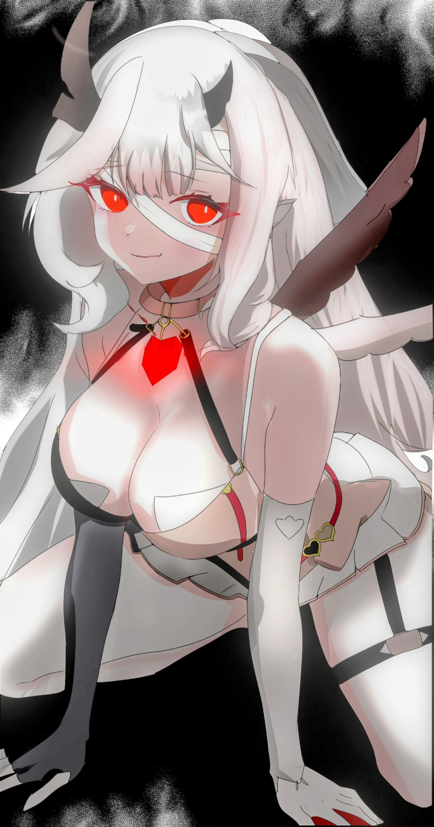 absurdres abyssal_yufine_(epic_seven) all_fours asymmetrical_gloves black_background black_gloves blunt_bangs breasts cleavage collar dragon_girl dragon_horns epic_seven female gem gloves glowing glowing_eyes halterneck highres horns large_breasts long_hair looking_at_viewer makoto_x mismatched_gloves pink_collar red_gemstone smile solo thigh_strap white_gloves wings yufine_(epic_seven)