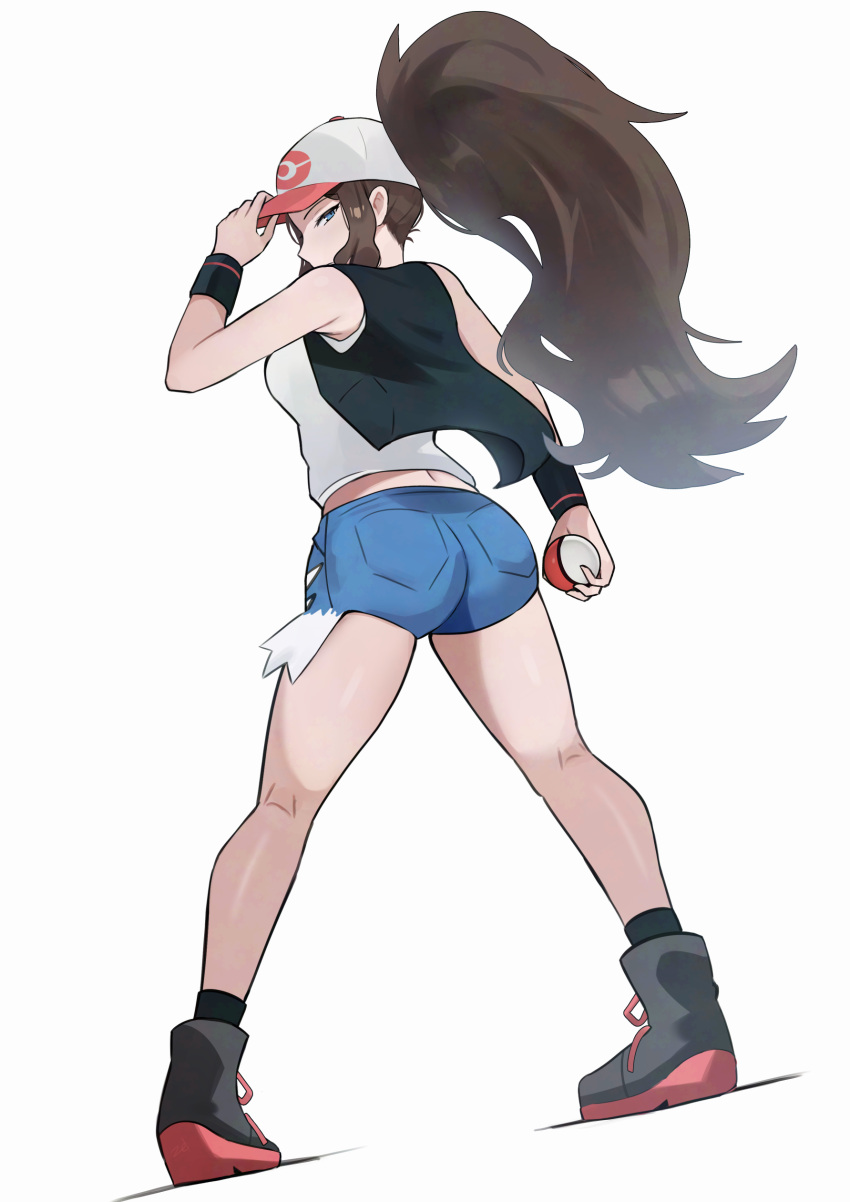 absurdres ass baseball_cap black_socks black_vest black_wristband blue_shorts boots brown_hair commentary female from_behind hat high_ponytail highres hilda_(pokemon) holding holding_poke_ball kneepits long_hair looking_back pigeon-toed poke_ball poke_ball_(basic) pokemon pokemon_bw shirt shorts sidelocks socks solo vest white_background white_hat white_shirt zet_(twt_zet)