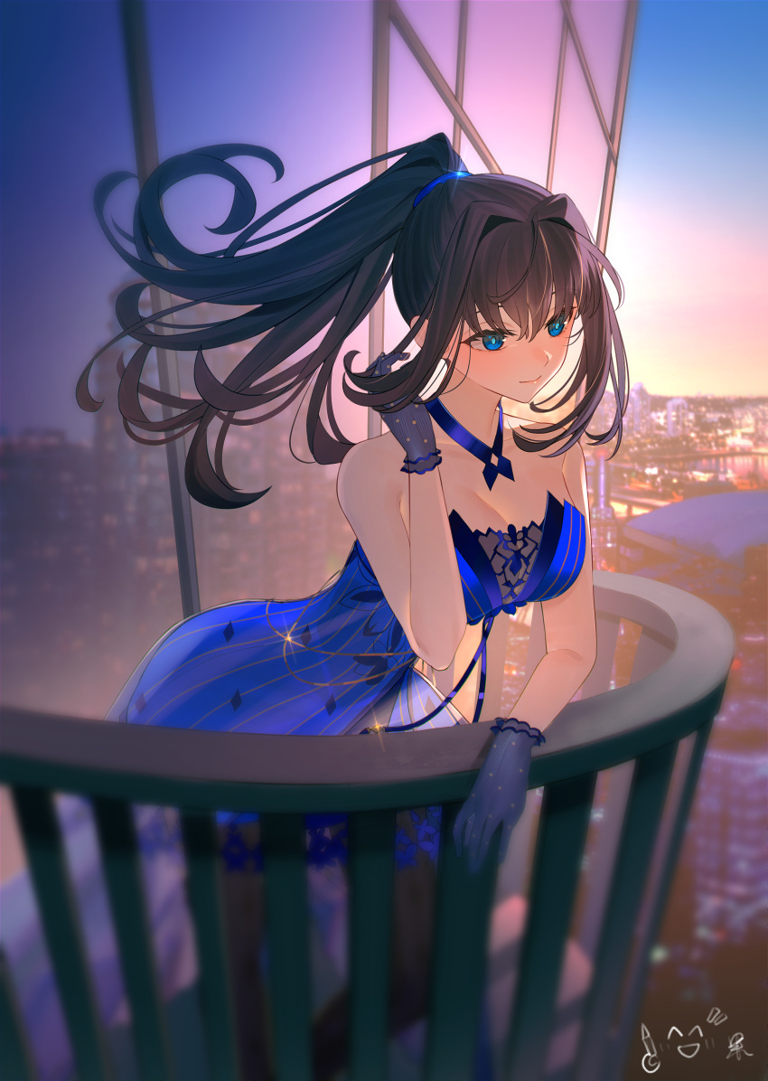 absurdres aozaki_aoko bare_shoulders black_gloves blue_dress blue_eyes blush breasts brown_hair choker cleavage dress female gloves hair_intakes high_ponytail highres large_breasts light_(nightty45) long_hair mahou_tsukai_no_yoru sidelocks smile solo