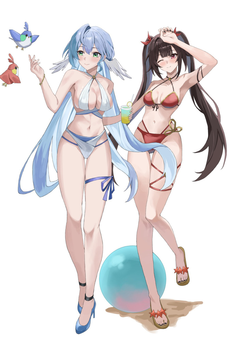 2girls ;) arm_up armpits bare_shoulders bikini black_nails blue_footwear blue_hair blue_panties blush bracelet breasts breasts_apart brown_hair cleavage commentary criss-cross_halter fingernails full_body green_eyes halterneck head_wings higashiwun_izumi high_heels highres honkai:_star_rail honkai_(series) jewelry large_breasts light_blue_hair long_hair looking_to_the_side medium_breasts multiple_girls nail_polish navel o-ring one_eye_closed origami_bird_(honkai:_star_rail) panties red_bikini red_eyes red_panties robin_(honkai:_star_rail) simple_background smile sparkle_(honkai:_star_rail) stomach swimsuit toenail_polish toenails twintails underwear very_long_hair white_background white_bikini wings