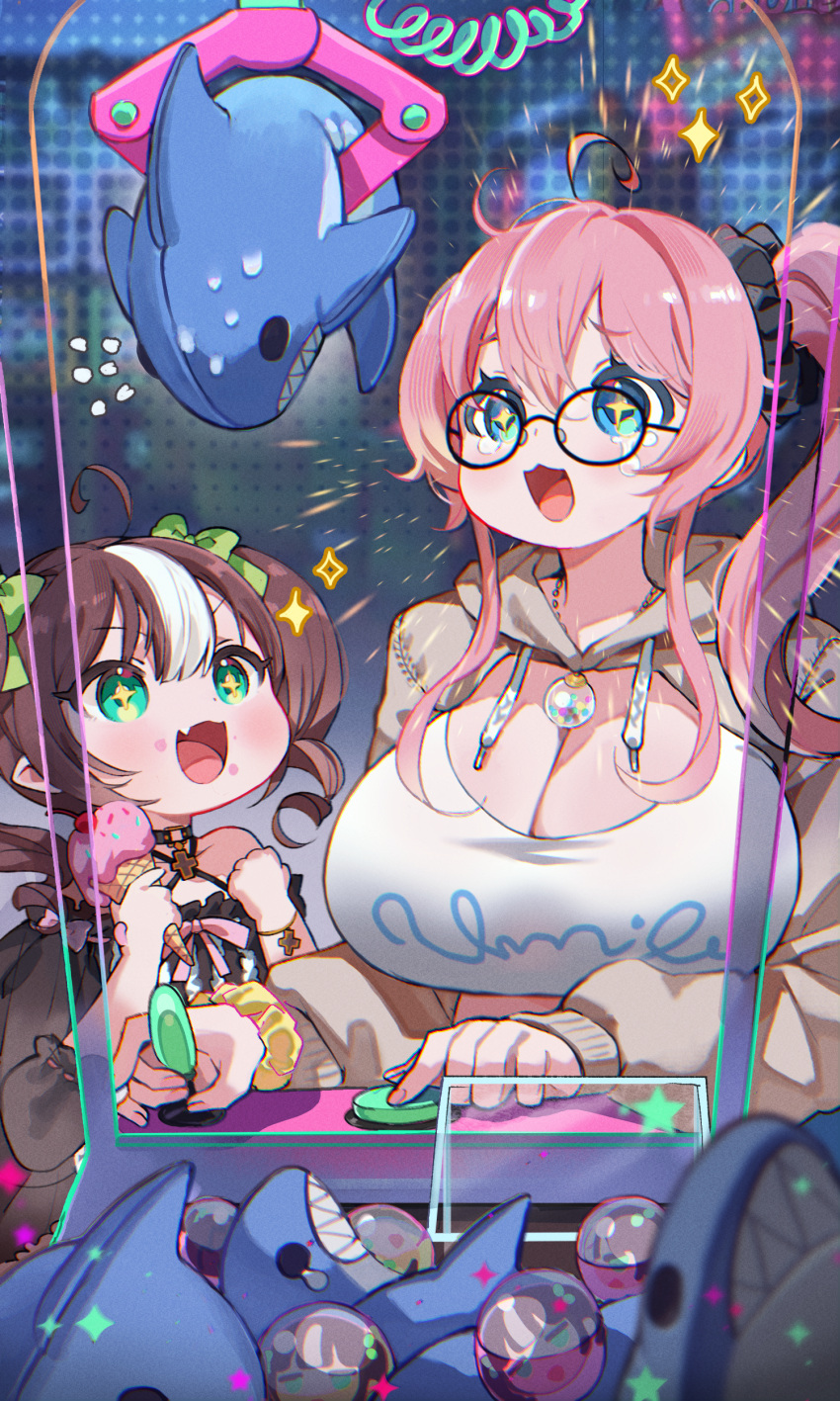 2girls :d absurdres ahoge arcade bare_shoulders black-framed_eyewear black_choker black_scrunchie black_shirt blue_eyes blurry blush bracelet breasts brown_hair brown_hoodie choker chromatic_aberration cleavage clenched_hand commission crane_game depth_of_field dot_nose food glasses green_eyes hair_ornament hair_scrunchie hands_up highres holding holding_food holding_ice_cream hood hood_down hoodie ice_cream indoors jewelry kkaebing large_breasts long_hair long_sleeves looking_ahead medium_hair multiple_girls necklace oerba_yun_fang original pink_hair round_eyewear scrunchie shirt side_ponytail sidelocks skin_fang smile solo sparkle sparkling_eyes stuffed_toy symbol-shaped_pupils tearing_up twintails upper_body v-shaped_eyebrows white_shirt