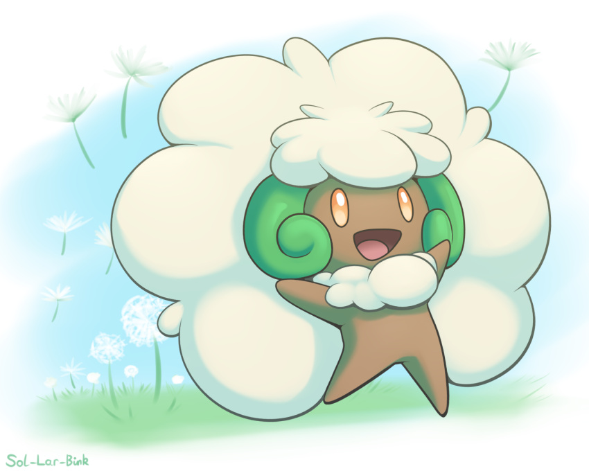 2024 2_horns ambiguous_gender artist_name brown_body brown_eyes day digital_media_(artwork) generation_5_pokemon grass green_text hair hi_res horn latiar nintendo open_mouth open_smile outside plant pokemon pokemon_(species) sky smile solo text tongue whimsicott