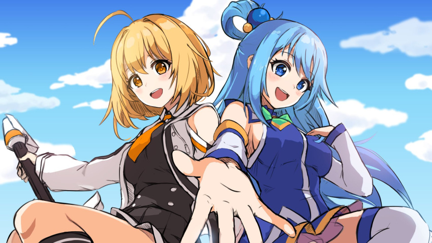 2girls :d ahoge aqua_(konosuba) back-to-back black_shirt black_skirt blonde_hair blue_eyes blue_hair blue_shirt blue_sky blush breasts cloud commentary_request crossover day detached_sleeves hair_bobbles hair_ornament hand_on_own_chest haru_estia highres holding holding_sword holding_weapon jacket kono_subarashii_sekai_ni_shukufuku_wo! korean_commentary long_hair looking_at_viewer losvje1024 medium_breasts multiple_girls necktie orange_eyes orange_necktie outstretched_arm reaching reaching_towards_viewer shirt short_ponytail sitting skirt sky sleeveless sleeveless_shirt smile soulworker sword teeth thighhighs upper_teeth_only weapon white_jacket white_sleeves white_thighhighs