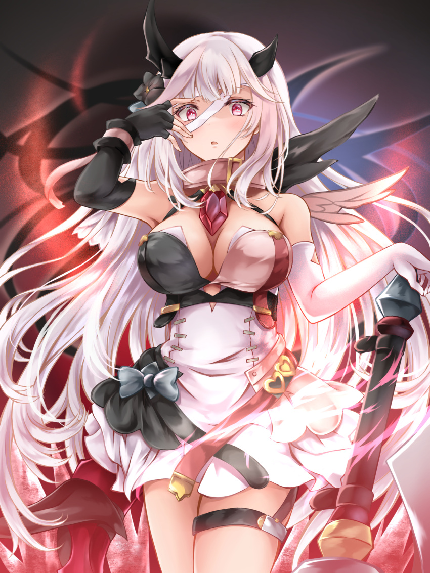 abyssal_yufine_(epic_seven) asymmetrical_clothes asymmetrical_gloves bandaged_head bandages bare_shoulders belt black_bow black_gloves blunt_bangs blurry blurry_background bow breasts cleavage collar cowboy_shot dragon_girl dragon_horns epic_seven female fingerless_gloves gem gloves grey_hair halterneck heart highres holding holding_weapon horns kei_(asufend) long_hair mismatched_gloves multicolored_clothes open_belt pink_collar red_eyes red_gemstone skirt solo tail thigh_strap very_long_hair weapon white_gloves white_skirt wings yufine_(epic_seven)